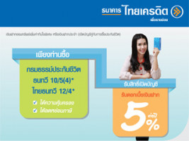 ธนาคารไทยเครดิตจัดโปรโมชั่นเงินฝากออมทรัพย์เพิ่มค่าทันใจพิเศษ อัตราดอกเบี้ยร้อยละ 5 ต่อปี